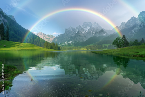 The beautiful environment of the earth is reflected in the rainbow over the mountains that tower over the grasslands. A mountain hut stands near the lake of the miraculous planet. Nature landscape con © omune