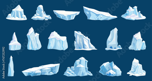 Icebergs icons. Isolated iceberg, north pole nature elements. Antarctic landscape object, ice rocks and snow mountains. Cartoon vector clipart