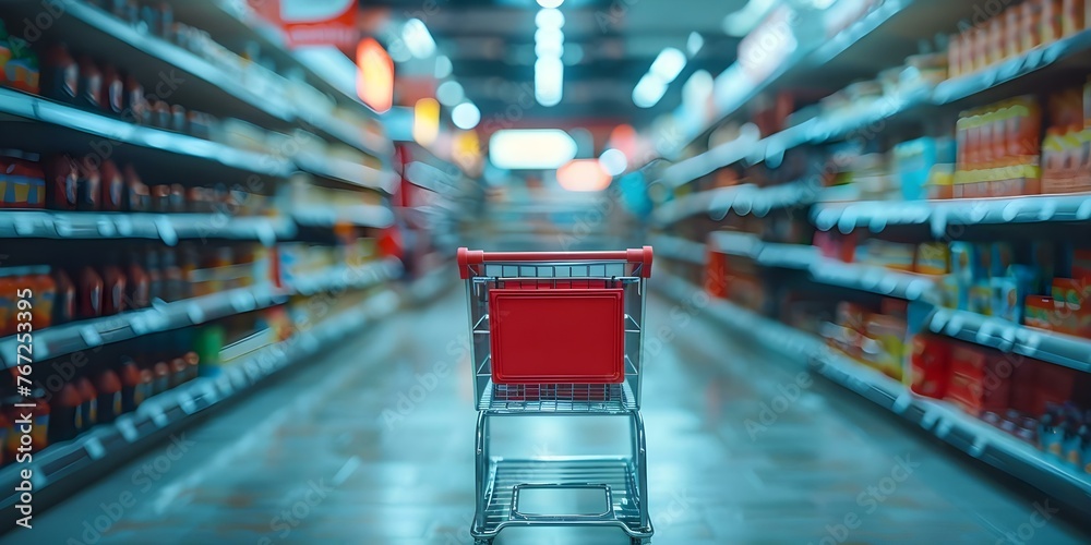 An empty shopping cart in a supermarket aisle with shelves in the ...