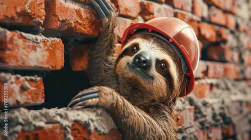 a sloth in a hard hat is laying a brick wall photo