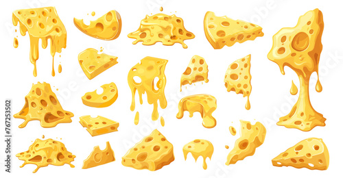 Melted cheese. Dripping cheese, hot mellow slices. Melt dairy product collection for hot sandwich, pizza, pasta or fondue. Isolated vector food ingredients