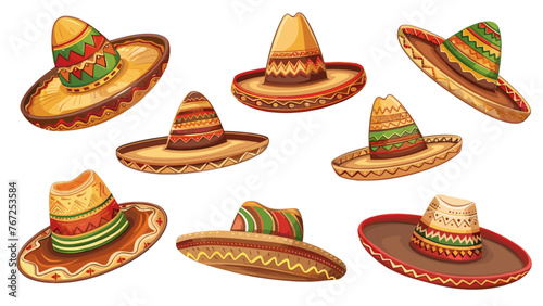 Mexican sombrero hats. Cartoon sombreros, traditional festival head accessories. Isolated mexico style party hat, colorful vector collection