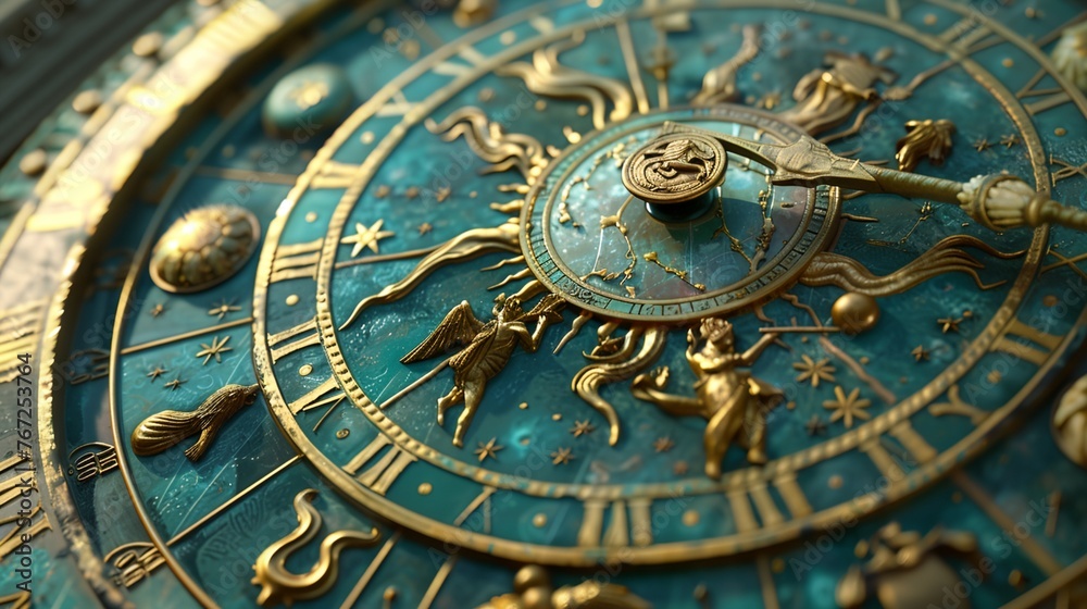 a gold and blue clock with zodiac signs on it's face