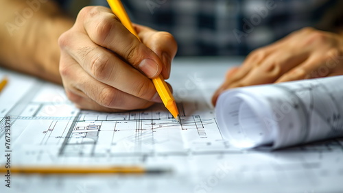 Close up hand working of Architect sketching project on blueprint at site construction work. Concept of architect, engineer in the office desk construction project with generative ai