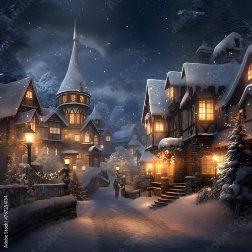 Winter night in the village. Christmas and New Year holidays concept.