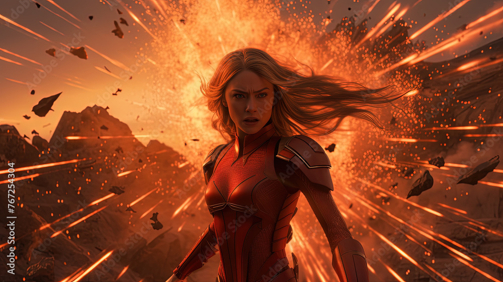 Action shot with woman in the sci-fi battle scene, superhero surrounded by sparkles. Dynamic scene in action movie blockbuster style. - obrazy, fototapety, plakaty 