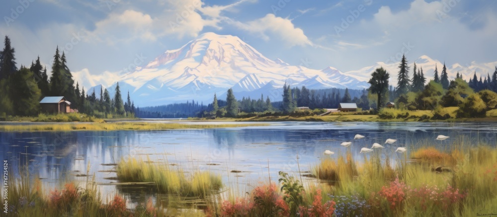 A beautiful natural landscape painting depicting a serene lake with a majestic mountain towering in the background, under a cloudy sky