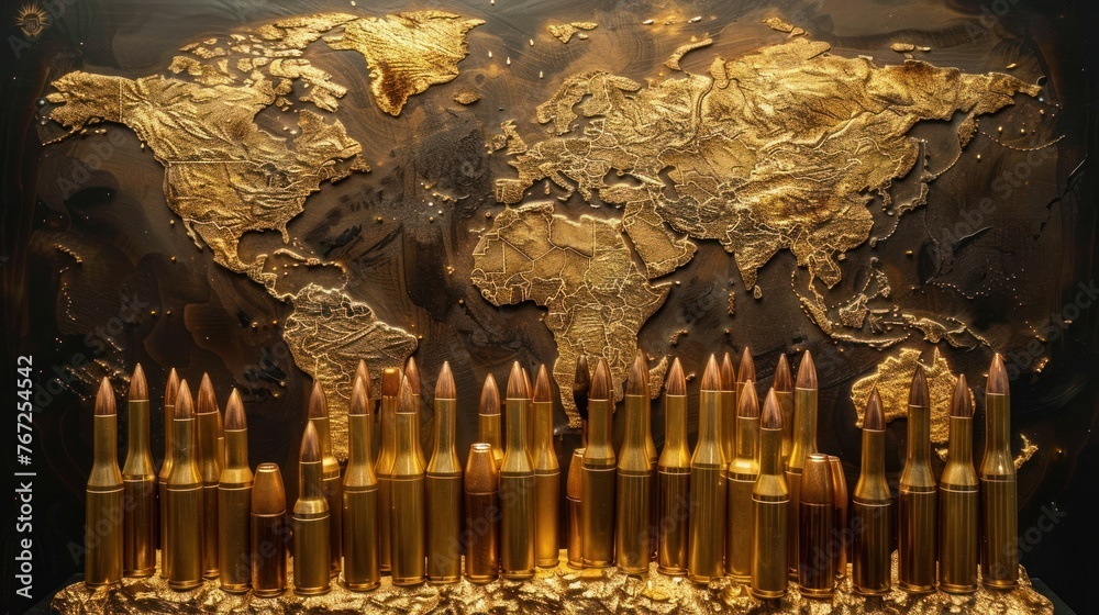 World map with bullet casings representing continents on dark 