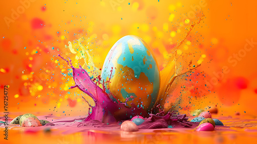 easter egg in a color explosion or splash on orange background
