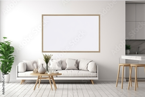  Mockup poster on the wall of living room. Empty frame mock up. Modern Japandi interior design