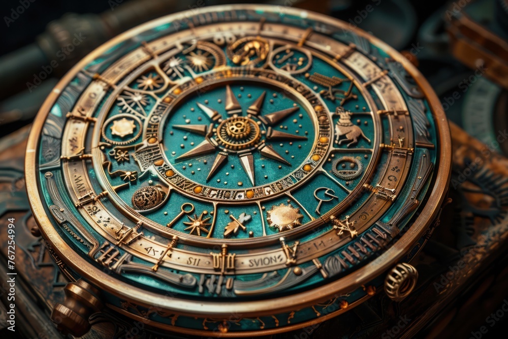Intricate steampunk engine, zodiac signs etched in copper and brass, gears and cogs in harmony , vibrant