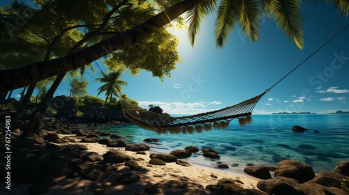 Tropical island getaway. palm tree, hammock, relaxing sea view vacation destination © vetrana