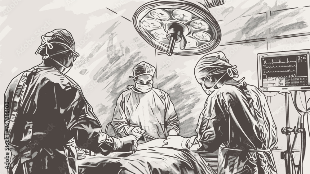 Obraz premium Working surgeon in operating room, vintage engraving sketch illustration. Medical team at work. Surgery process in hospital, vector scene