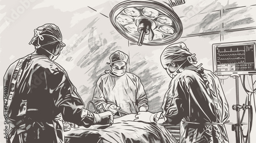 Working surgeon in operating room, vintage engraving sketch illustration. Medical team at work. Surgery process in hospital, vector scene © LadadikArt