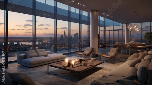 Urban high-rise penthouse apartment with panoramic city views.