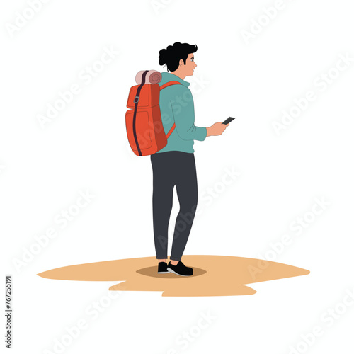 
person with hiking backpack. Male explorer or traveler in sportswear. Flat vector illustration of adventure tourism, travel and discovery