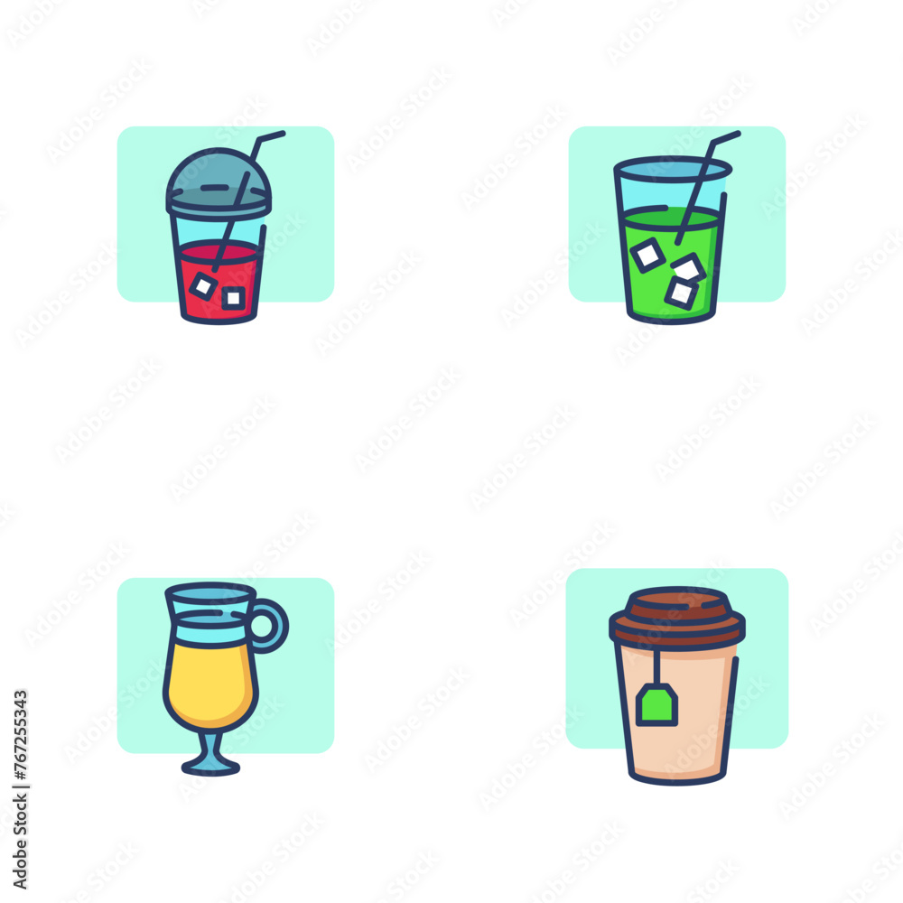 Drinks line icoon set. Glass of hot tea, cold cocktail with straw, coffee. Breakfast drink or cafe concept. Vector illustration symbol element for web design and apps