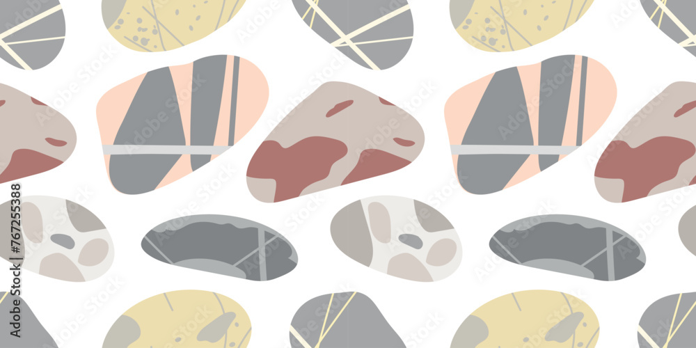 Sea stones seamless pattern. Pebble with abstract elements. Flat pattern with sea stones. Background with marine objects. Vector illustration isolated on white background