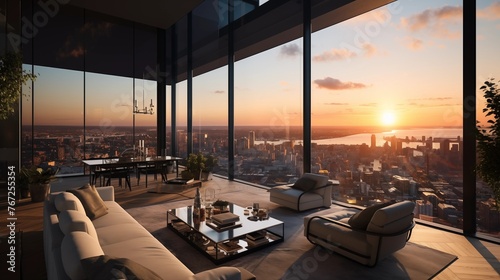 Urban high-rise penthouse apartment with panoramic city views. photo