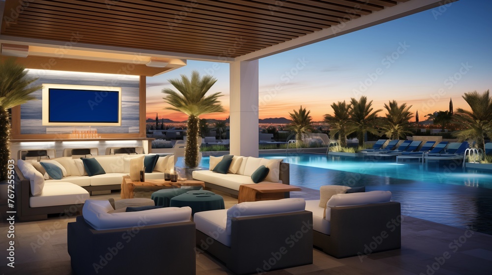 Vegas-style pool cabana with stylish bar plush lounge seating and TVs.