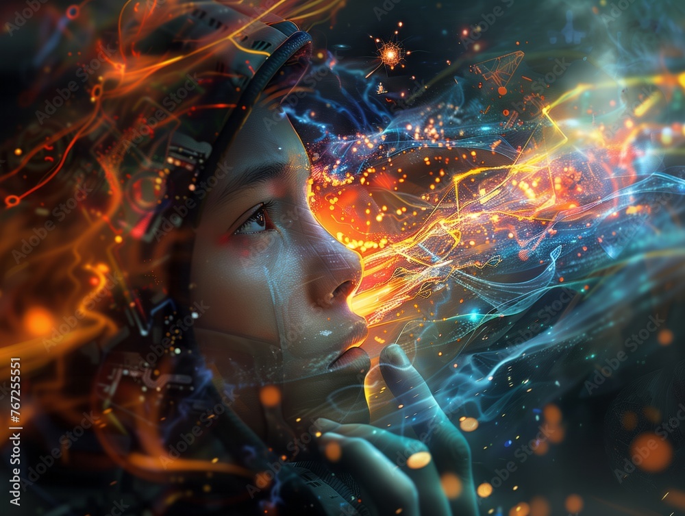 A woman with a helmet on her head is looking at a glowing blue and orange light. The light is surrounded by a lot of sparks and the woman is in a trance. Scene is mysterious and surreal