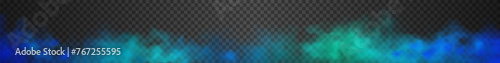 Very long blue, teal and turquoise gradient futuristic colorful smoke cloud. Vector realistic magic color vibrant haze isolated on the semi transparent dark background
