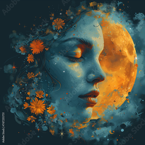 Hand-drawn vector abstract logo. Beautiful woman's face with Moon.
