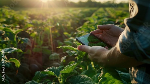 Ai smart farming agriculture concept. People holding smartphone tablet monitor and track agricultural produce through modern wireless networks. smart farming innovation,  photo