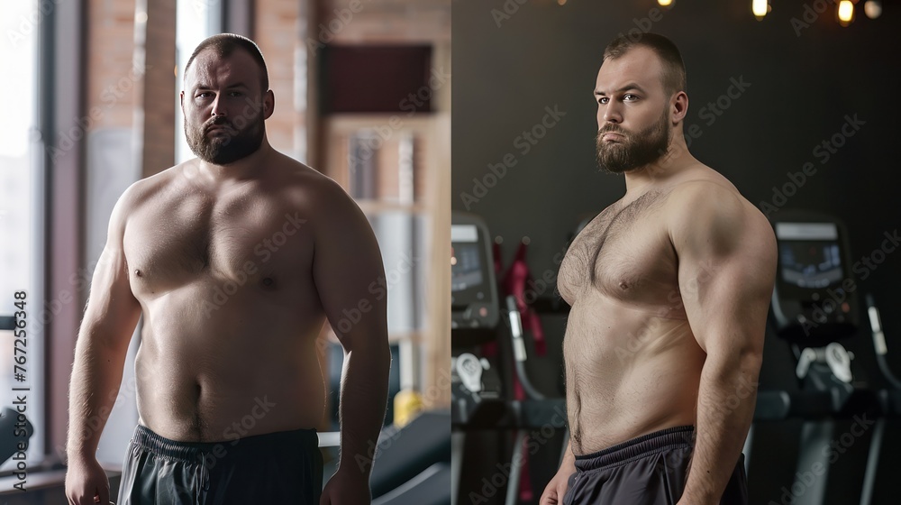 Fototapeta premium Awesome Before and After Weight Loss fitness Transformation. 