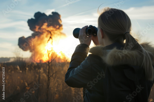 Gazing Beyond: Woman Watches Distant Atomic Explosion