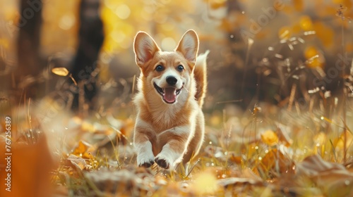 Banner with cute small welsh puppy running outdoor in autumn field. photo