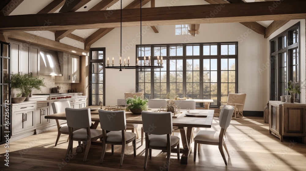 Obraz premium Warm modern farmhouse dining room with wood beams Windsor chairs and large industrial chandelier.