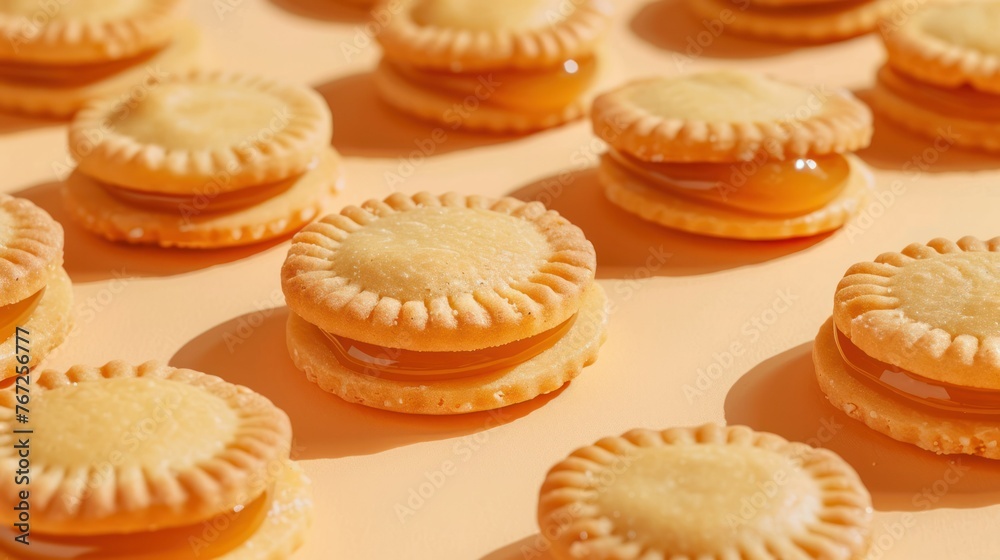 Caramel dulce de filled cookies isolated pastel background Copy space Caramel dulce de filled cookies isolated pastel background Copy space