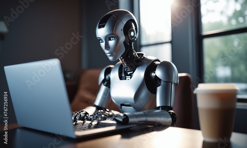 Humanoid robot working on laptop computer at home in the morning