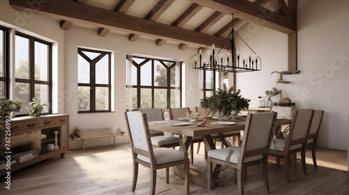 Warm modern farmhouse dining room with wood beams Windsor chairs and large industrial chandelier.