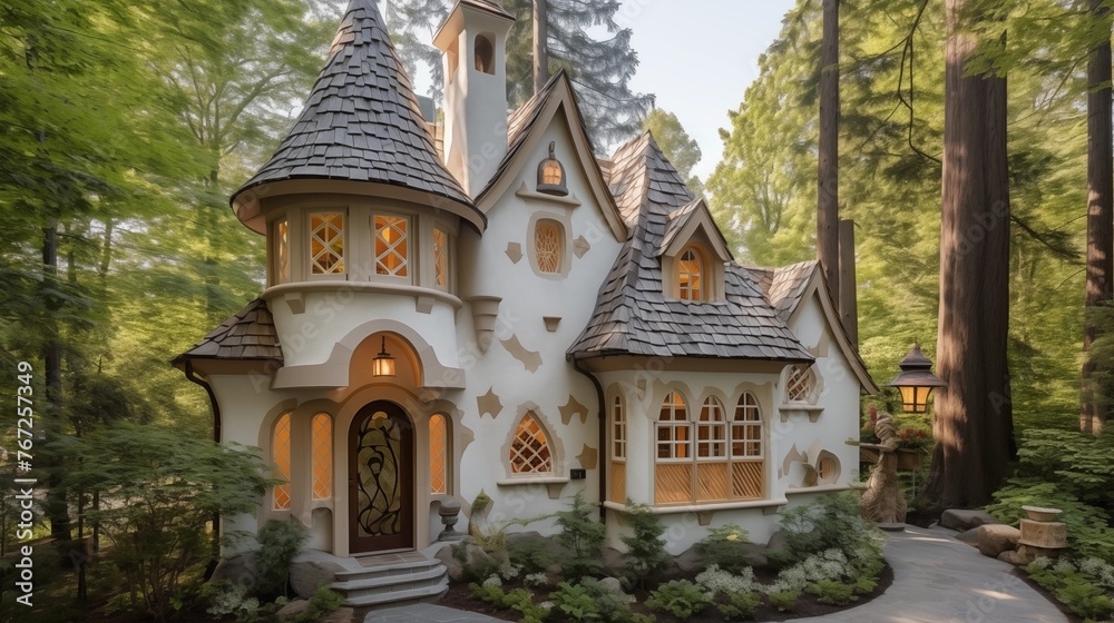 Whimsical fairytale cottage with diamond-paned windows carved wood doors and turret bedroom suite.