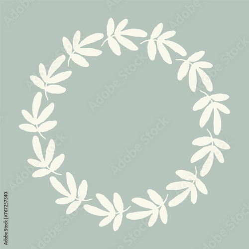 Handmade linocut organic pressed floral vector wreath in whimsical scandi style. Folkart natural woodland frame with woodcut effect for digital monochrome artwork. © Limolida Studio