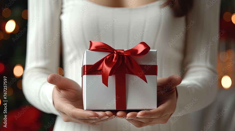 Woman hands holding the gift, presenting the box with bow.