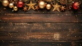 Christmas-themed border with baubles and stars on a rustic wooden background.