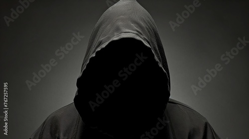 Mysterious person in hood with face in shadow on dark background, concept of mystery and anonymity.