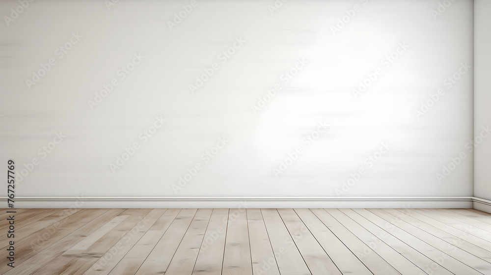 Empty room with white wall and wooden floor. 