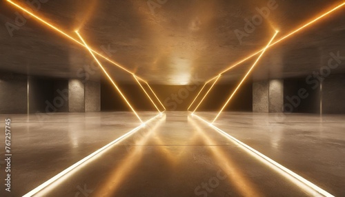 futuristic sci fi orange neon tube lights glowing in concrete floor room with refelctions empty space 3d rendering