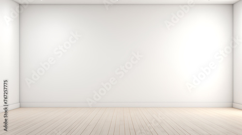Empty room with white wall and wooden floor. 