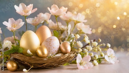 beautiful easter composition with eggs and spring flowers on color background