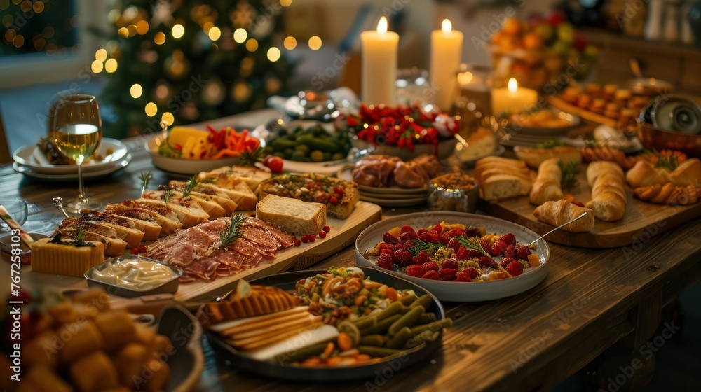 Dinner table full of dishes with food and snacks, family feast, Dinner table full of dishes with food and snacks, family feast,
