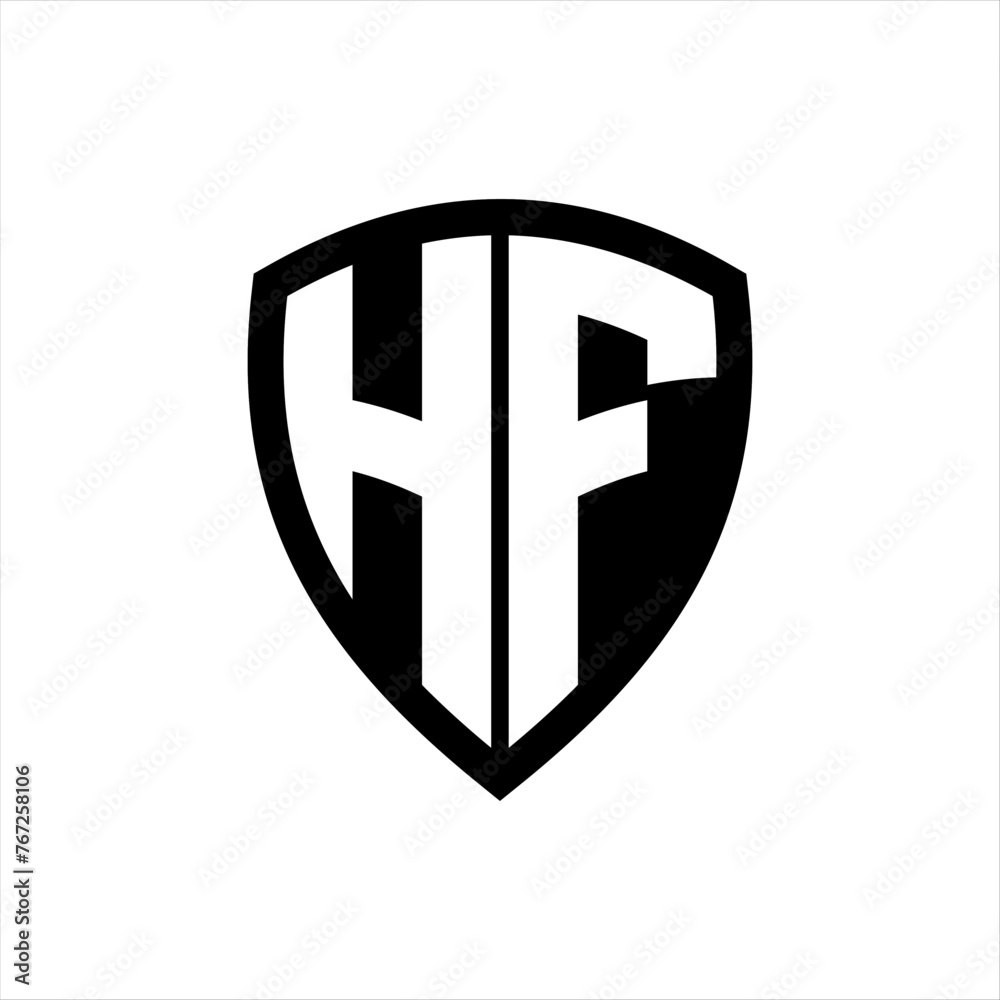 HF monogram logo with bold letters shield shape with black and white color design HF monogram logo with bold letters shield shape with black and white color design