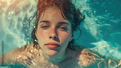 Young woman relaxing in a swimming pool, close-up, summer vibes.