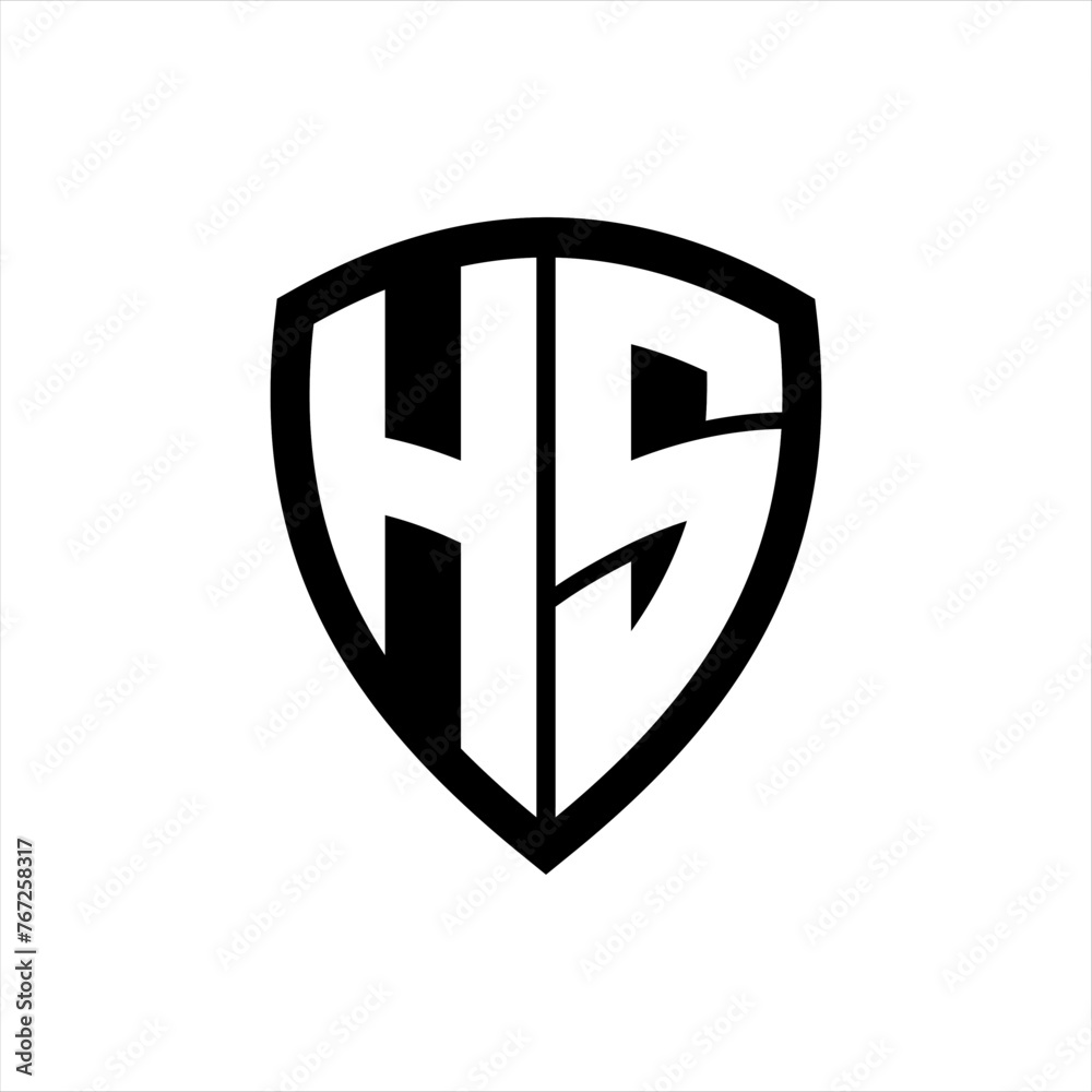 HS monogram logo with bold letters shield shape with black and white color design HS monogram logo with bold letters shield shape with black and white color design