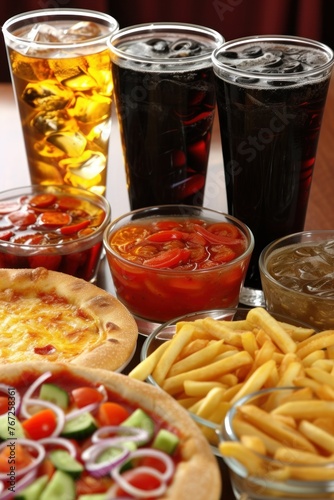 Assorted fast food items with soft drinks on a table, including pizza, fries, and salad.