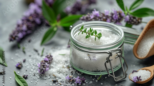 Natural lavender scrub on a white texture background.Body scrub. Body care. Sugar peeling scrub with argan oil and Himalayan salt. spa set photo